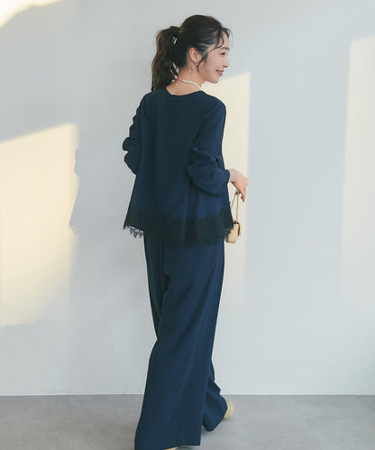 【RISA監修】下襬蕾絲襯衫+雙褶寬腿褲