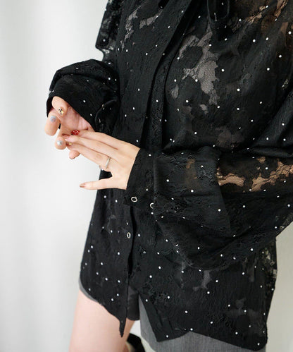 波點蕾絲蝴蝶結領襯衫