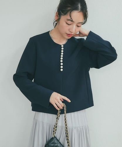 雙層交叉前襟珍珠裝飾夾克