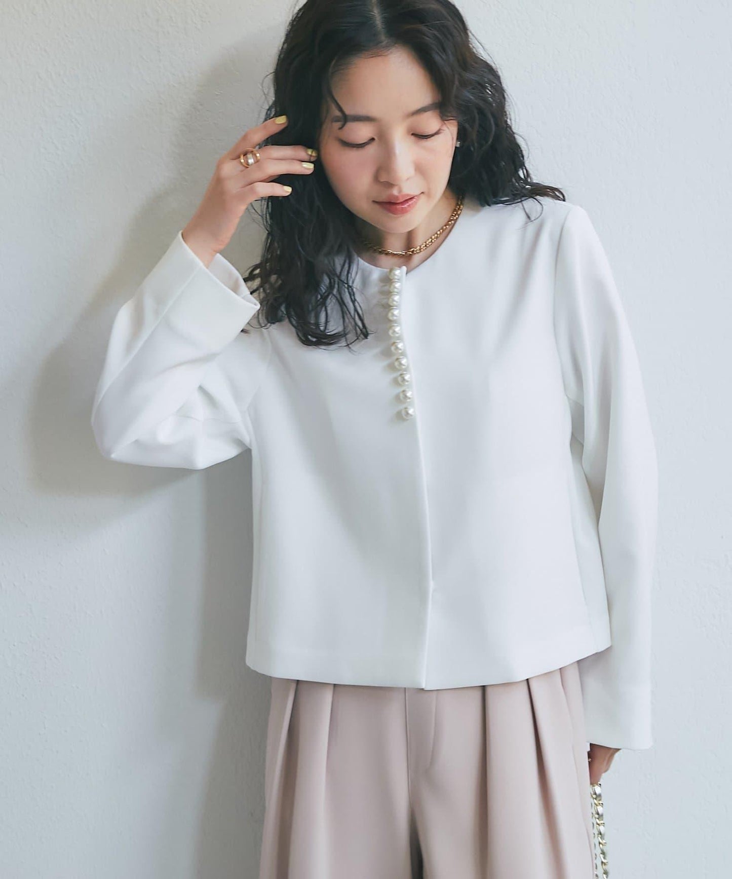 雙層面料 前襟珍珠裝飾 夾克外套