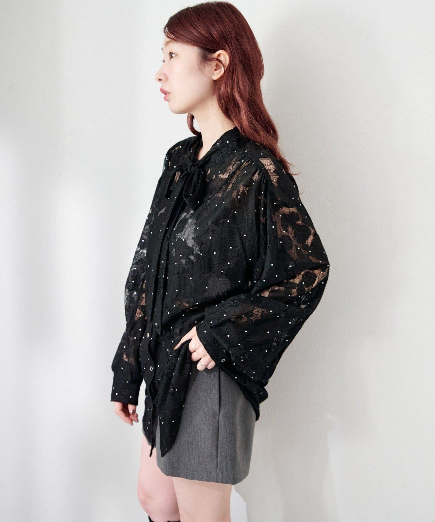 波點蕾絲蝴蝶結領襯衫