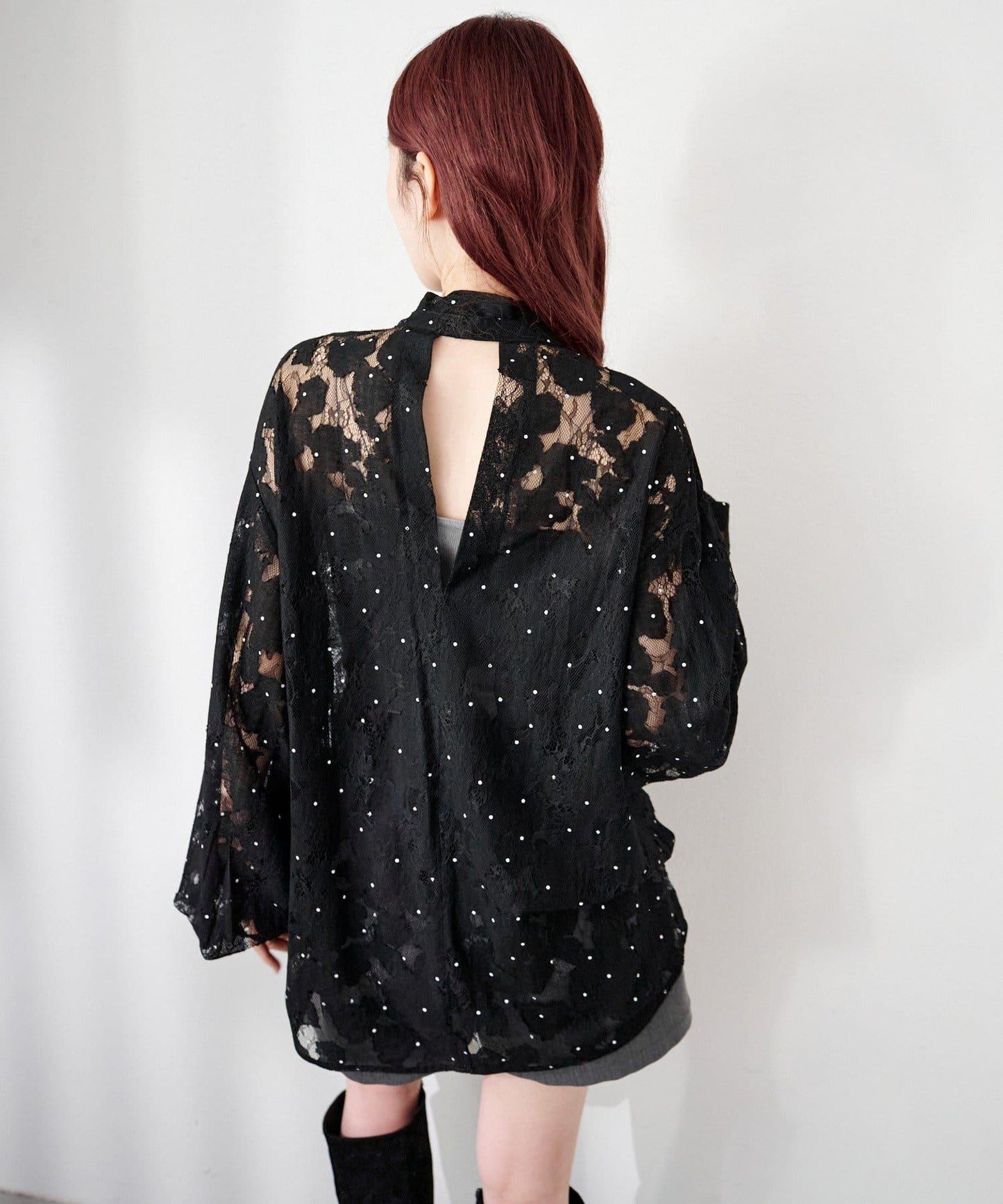 波點蕾絲蝴蝶結領襯衫