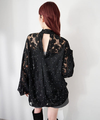 波點蕾絲蝴蝶結領襯衫