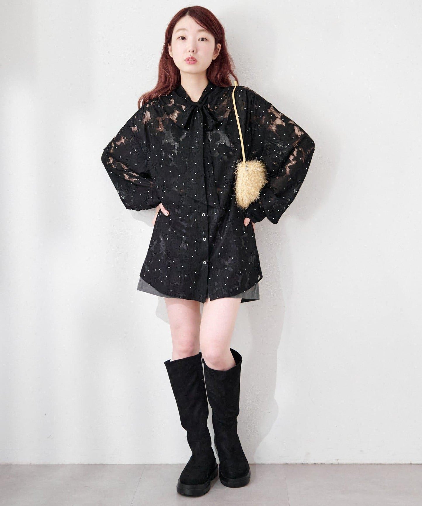 波點蕾絲蝴蝶結領襯衫