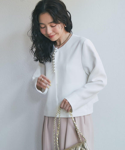 雙層交叉前襟珍珠裝飾夾克