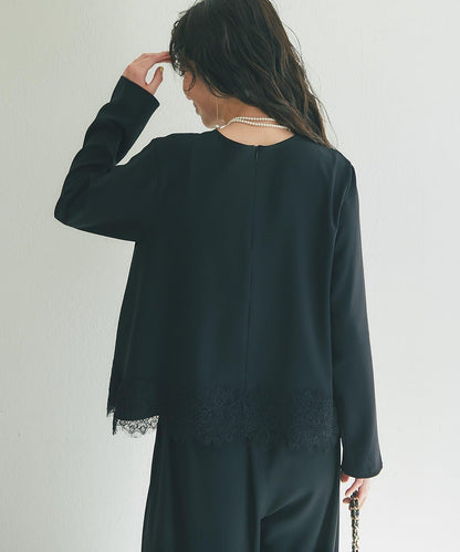 【RISA監修】下襬蕾絲襯衫+雙褶寬腿褲