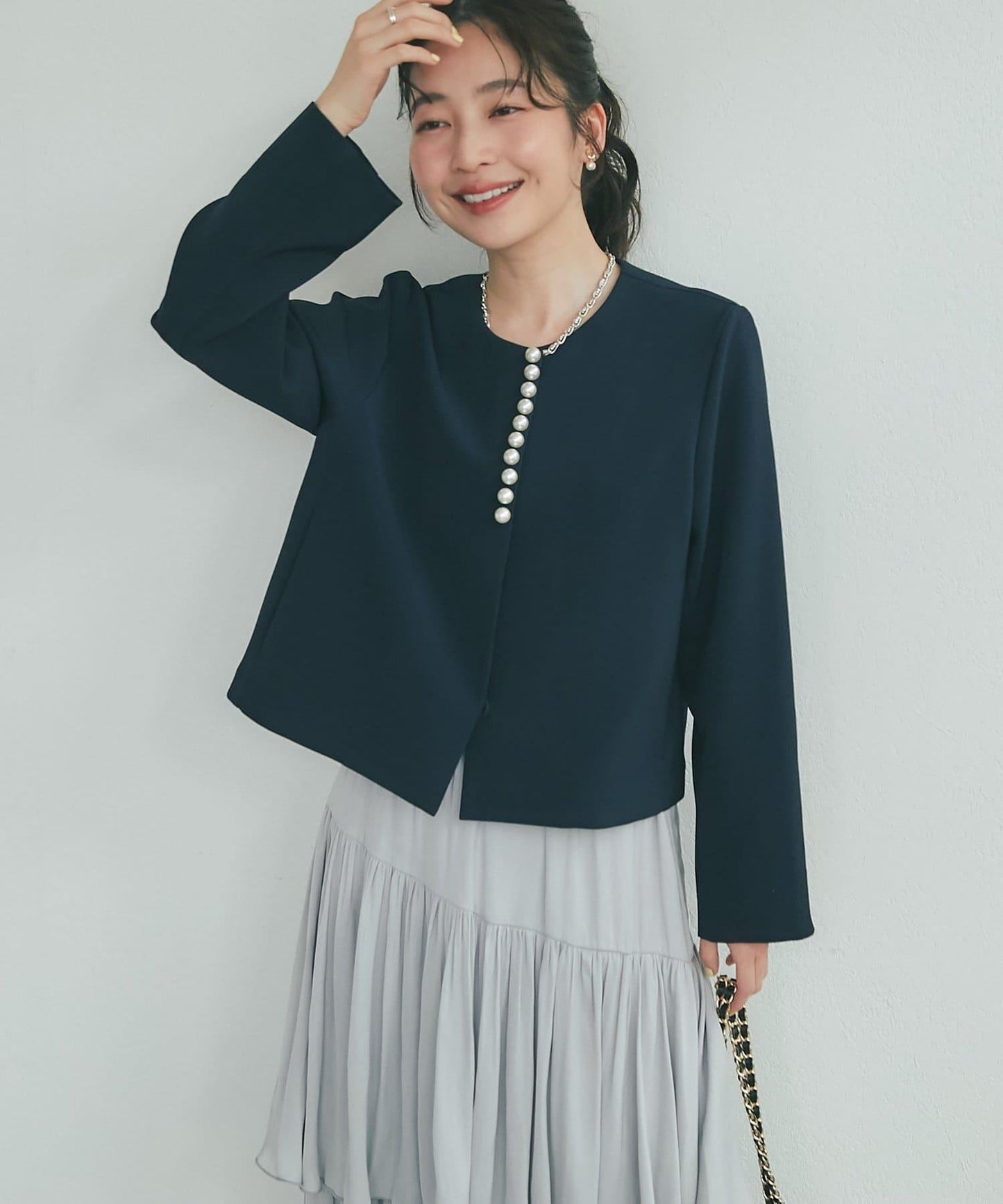 雙層交叉前襟珍珠裝飾夾克