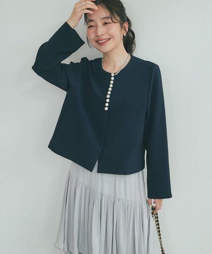 雙層交叉前襟珍珠裝飾夾克