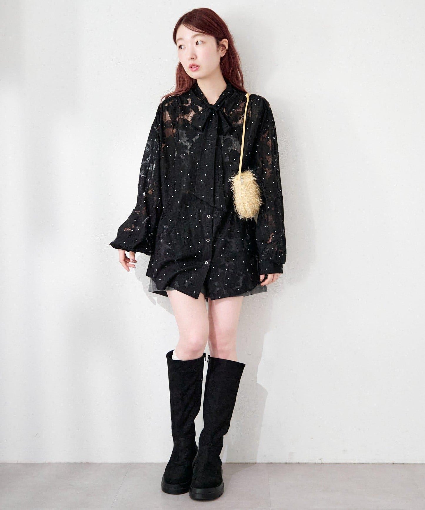 波點蕾絲蝴蝶結領襯衫