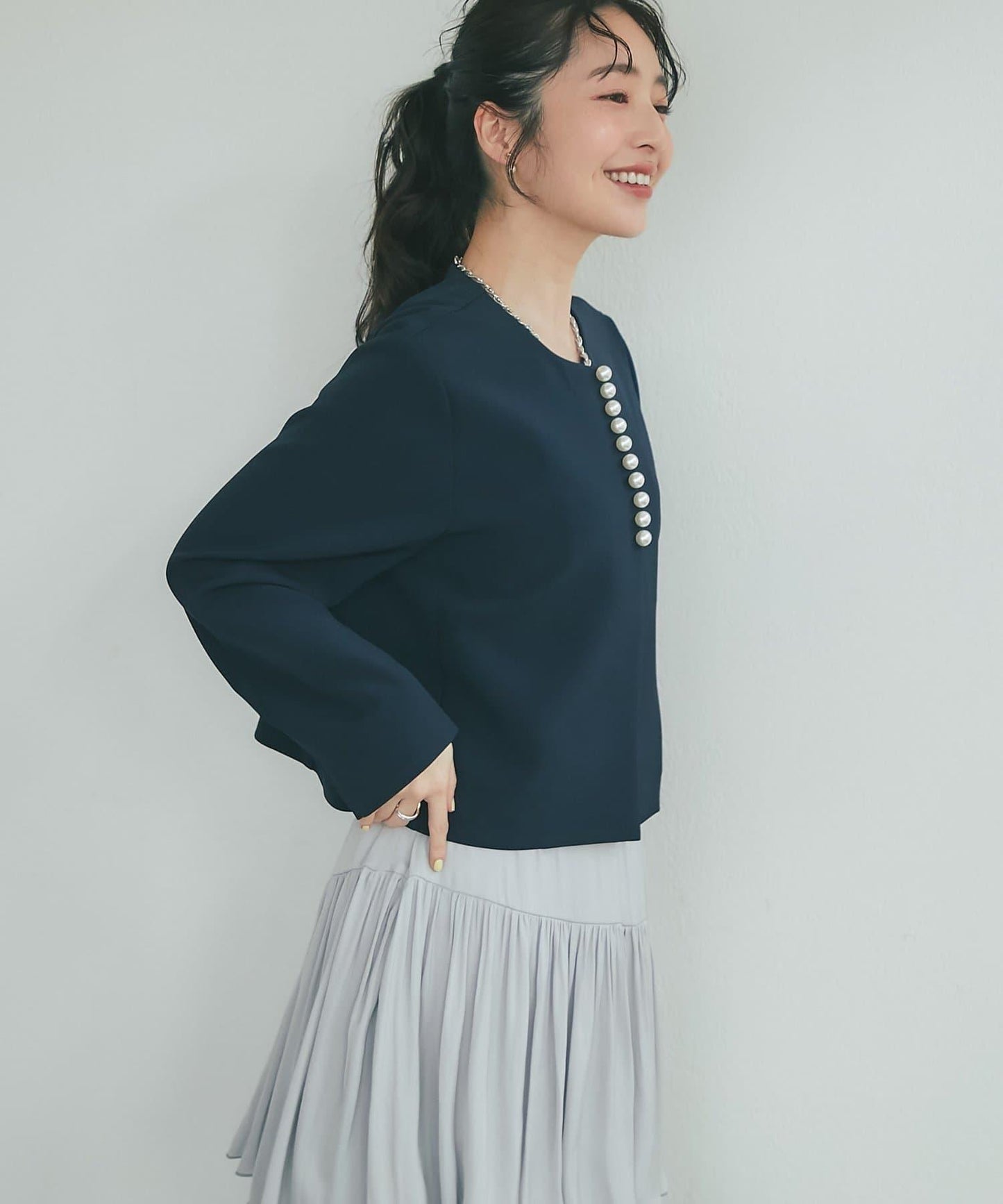 雙層交叉前襟珍珠裝飾夾克