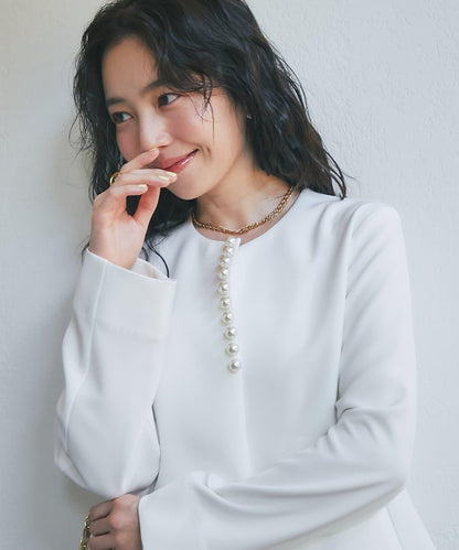 雙層交叉前襟珍珠裝飾夾克