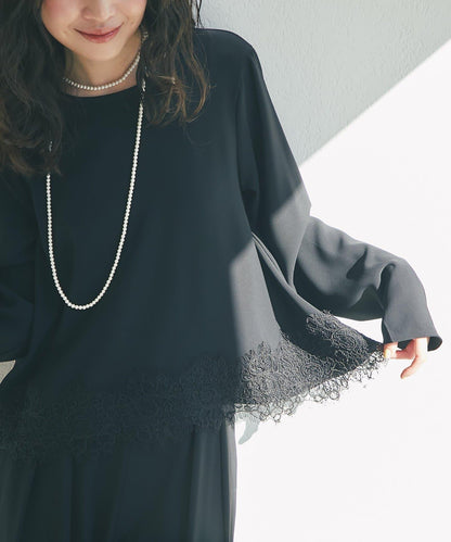 【RISA監修】下襬蕾絲襯衫+雙褶寬腿褲