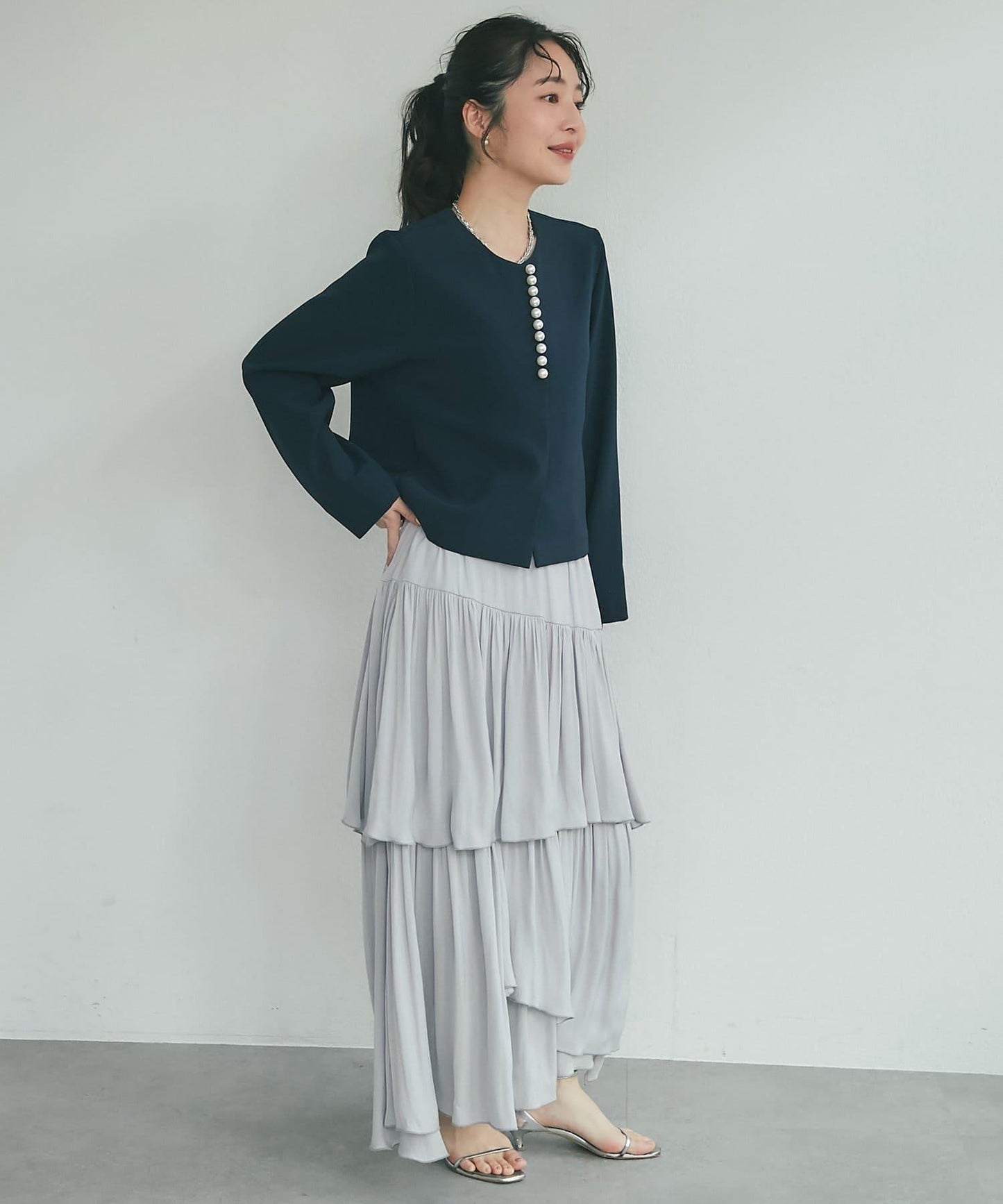 雙層交叉前襟珍珠裝飾夾克