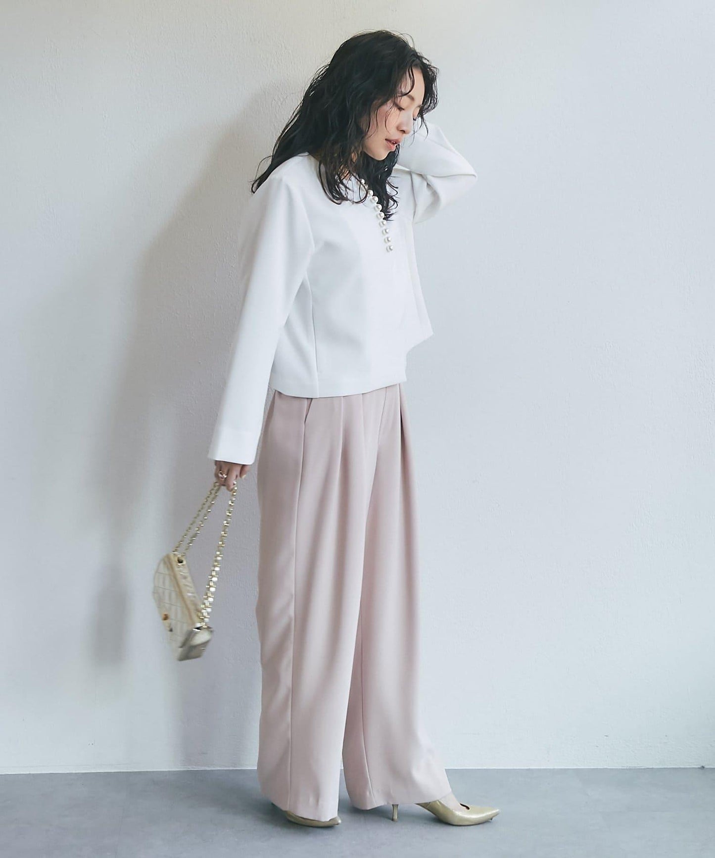 雙層交叉前襟珍珠裝飾夾克