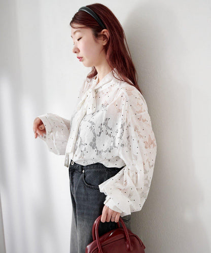 波點蕾絲蝴蝶結領襯衫