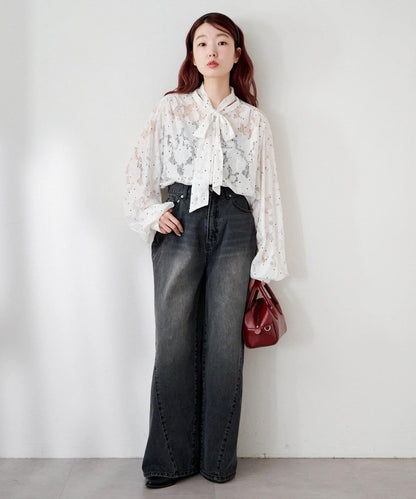 波點蕾絲蝴蝶結領襯衫