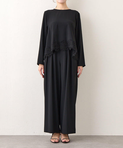 【RISA監修】下襬蕾絲襯衫+雙褶寬腿褲