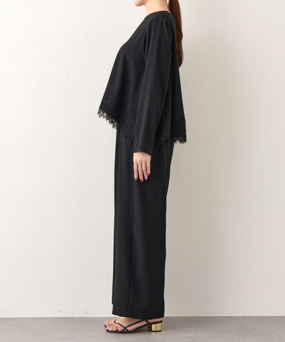 【RISA監修】下襬蕾絲襯衫+雙褶寬腿褲