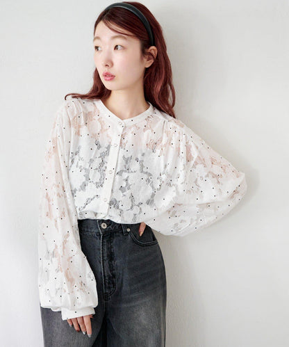 波點蕾絲蝴蝶結領襯衫