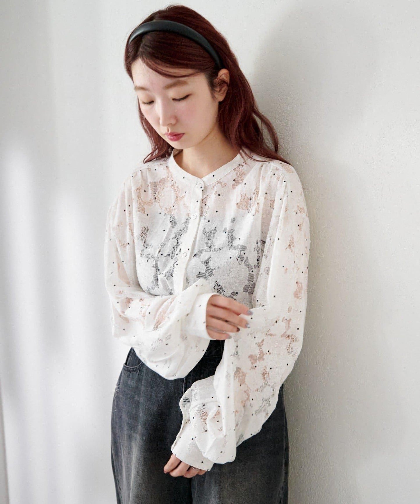 波點蕾絲蝴蝶結領襯衫