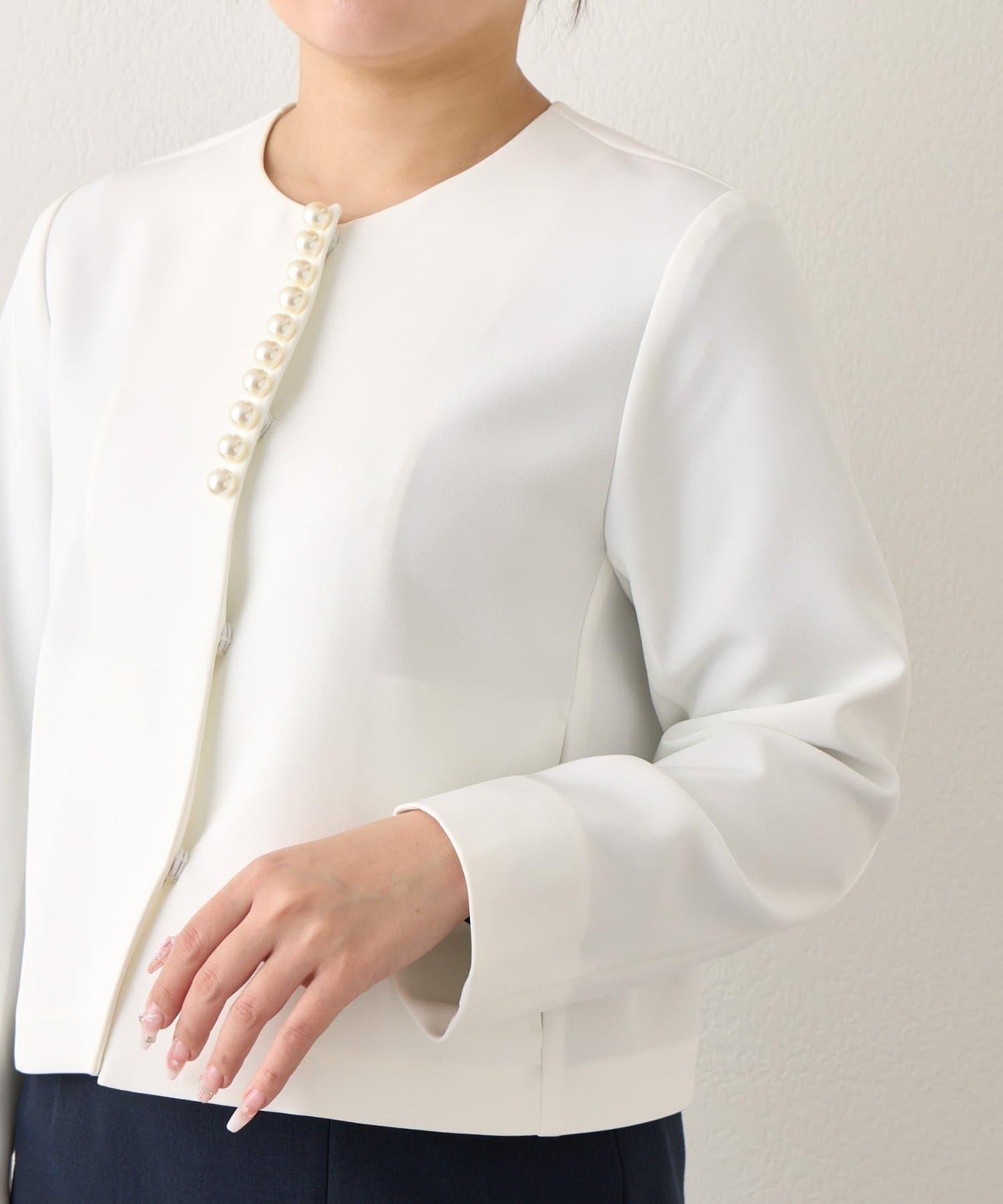 雙層面料 前襟珍珠裝飾 夾克外套