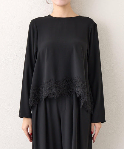 【RISA監修】下襬蕾絲襯衫+雙褶寬腿褲