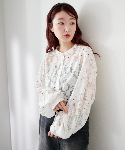 波點蕾絲蝴蝶結領襯衫