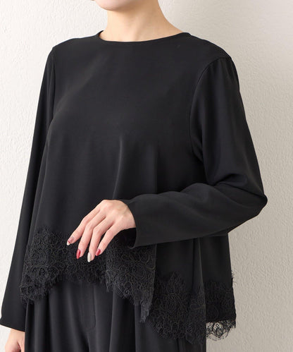 【RISA監修】下襬蕾絲襯衫+雙褶寬腿褲