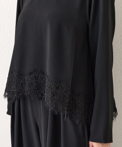 【RISA監修】下襬蕾絲襯衫+雙褶寬腿褲