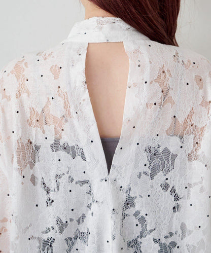 波點蕾絲蝴蝶結領襯衫