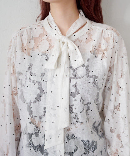 波點蕾絲蝴蝶結領襯衫
