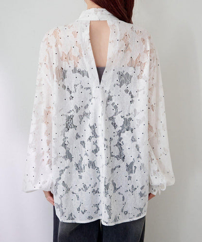 波點蕾絲蝴蝶結領襯衫