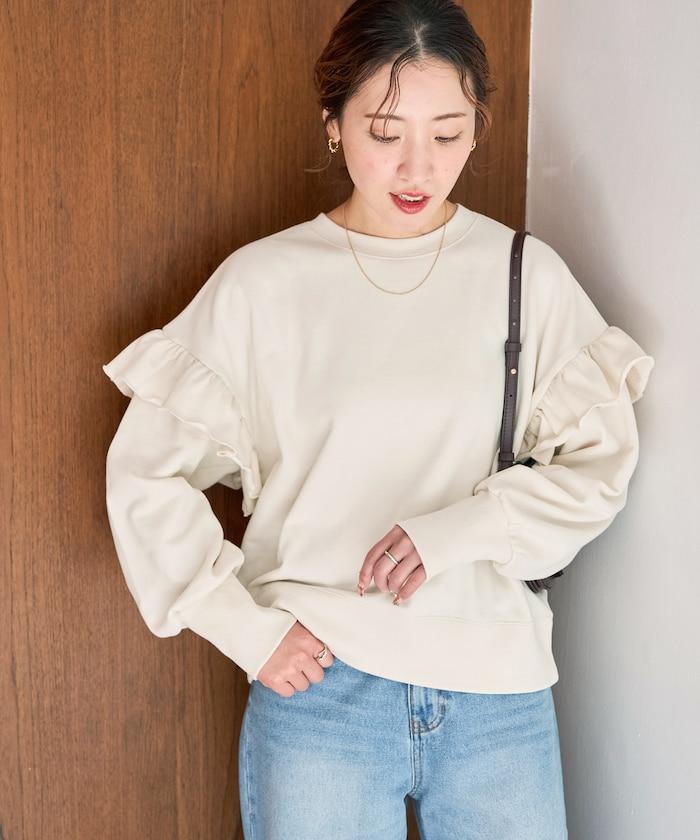 荷葉邊肩部內刷毛套頭衫（衛衣）