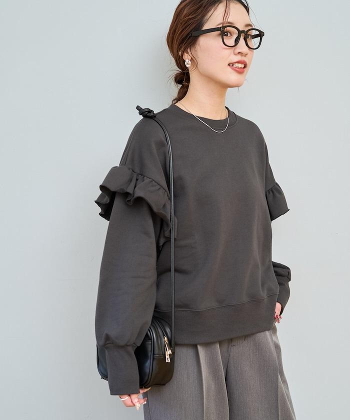 荷葉邊肩部內刷毛套頭衫（衛衣）