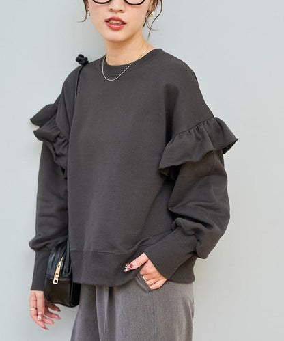 荷葉邊肩部內刷毛套頭衫（衛衣）