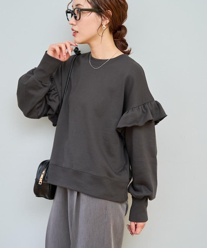 荷葉邊肩部內刷毛套頭衫（衛衣）