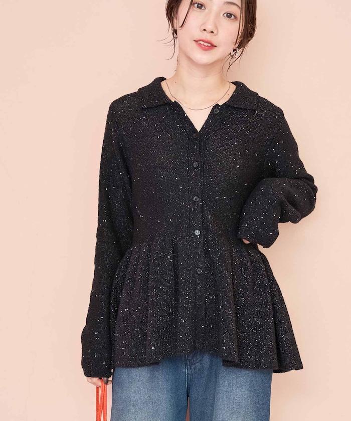 帶領亮片荷葉邊開衫