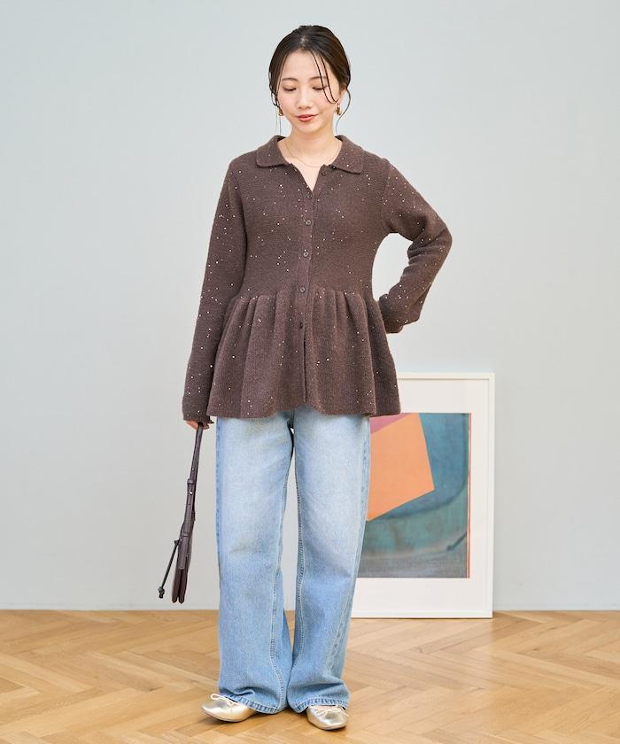 帶領亮片荷葉邊開衫