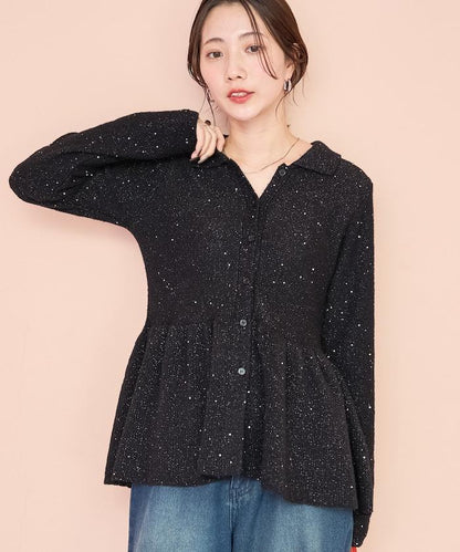 帶領亮片荷葉邊開衫