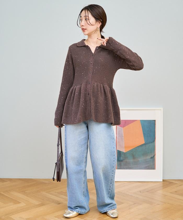 帶領亮片荷葉邊開衫