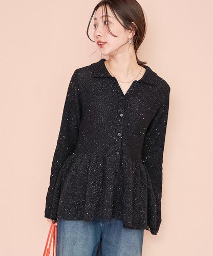 帶領亮片荷葉邊開衫