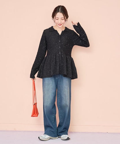 帶領亮片荷葉邊開衫