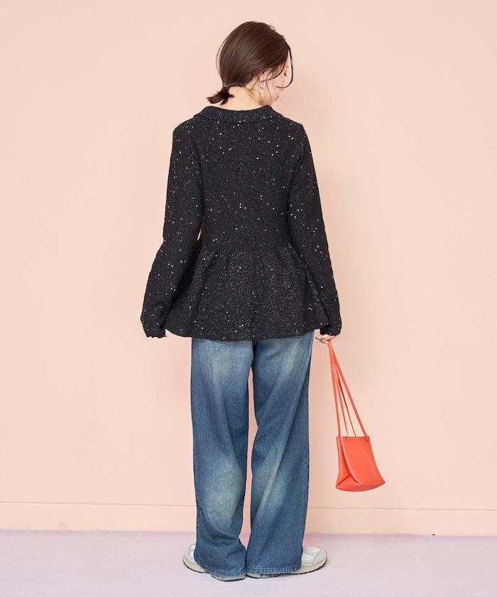 帶領亮片荷葉邊開衫