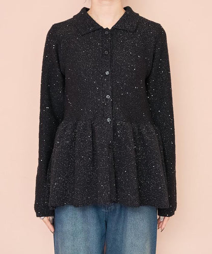 帶領亮片荷葉邊開衫