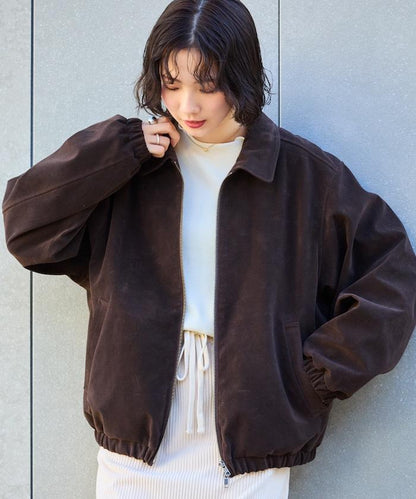 寬鬆版型仿皮絨拉鍊短款夾克