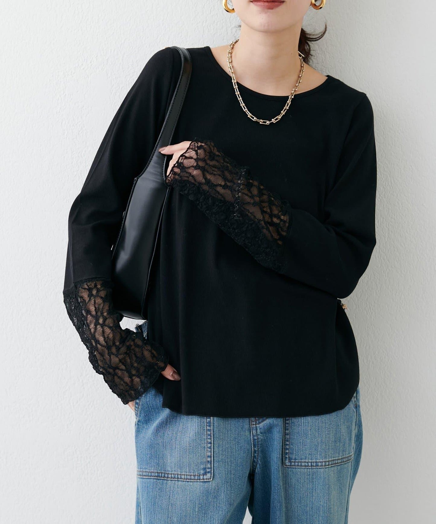 蕾絲拼接長袖T恤