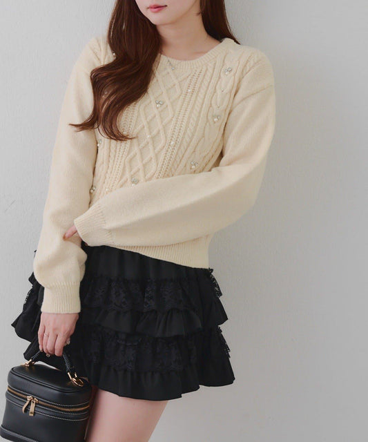 珍珠裝飾麻花針織套頭衫