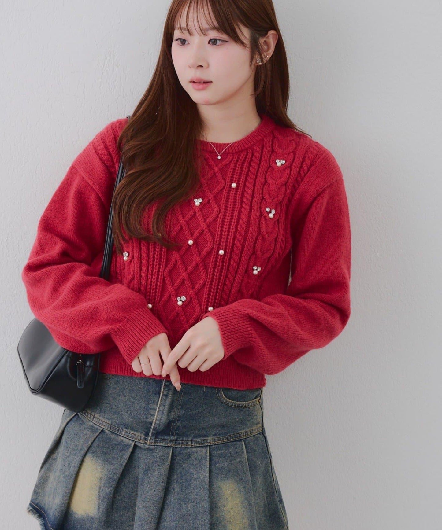 珍珠裝飾麻花針織套頭衫