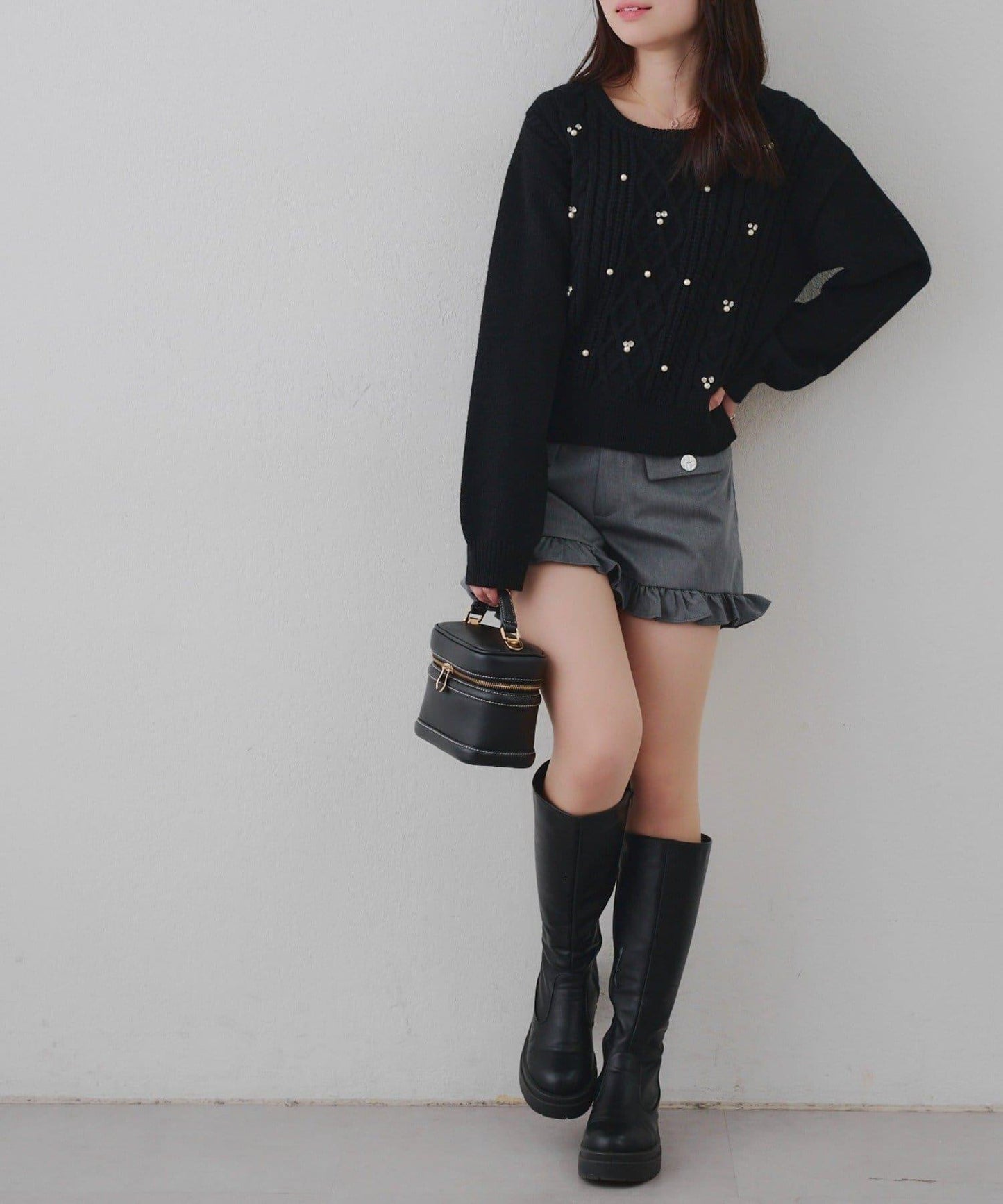 珍珠裝飾麻花針織套頭衫