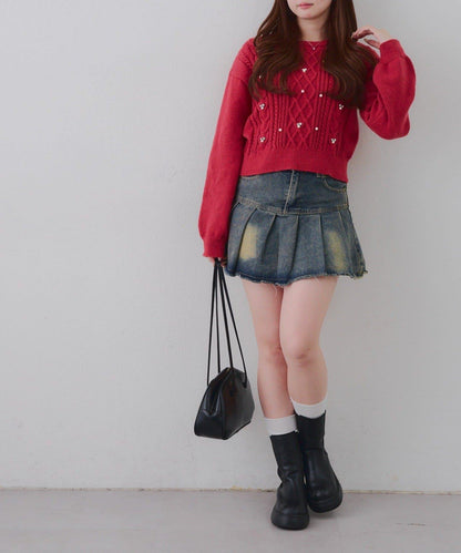 珍珠裝飾麻花針織套頭衫